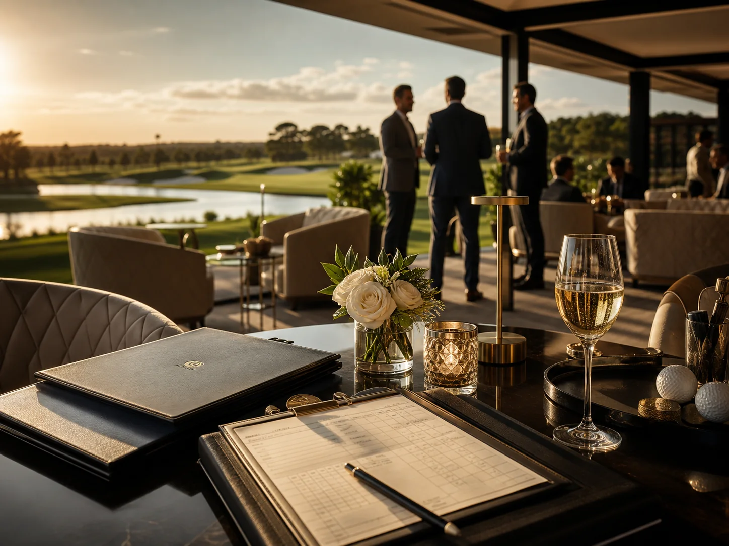 Executive guests meeting beside a golf course