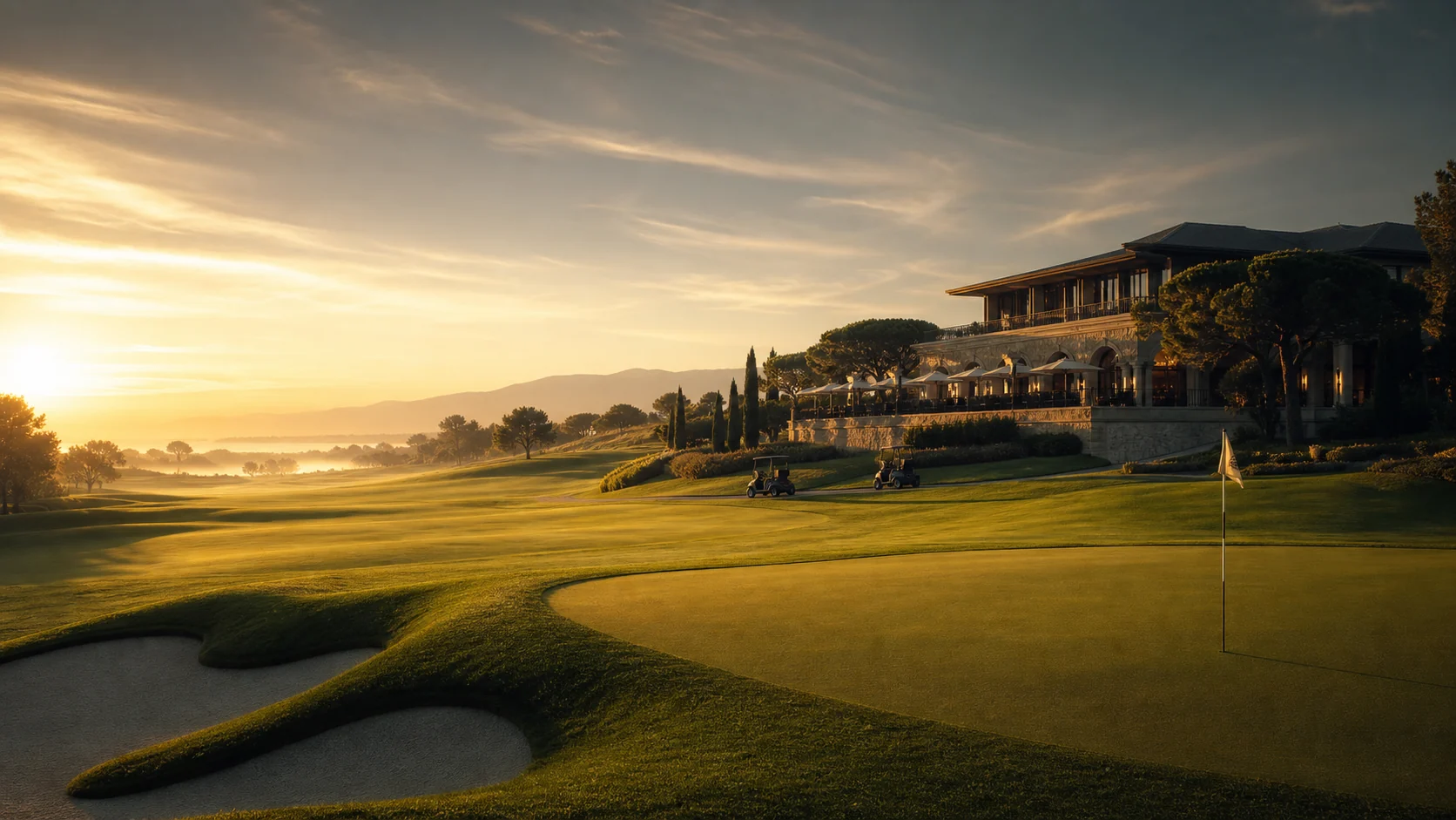 Golf resort and course in warm evening light